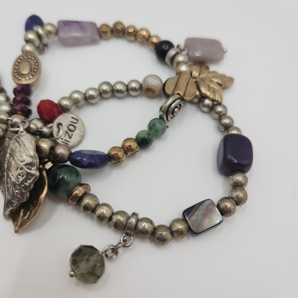 Boho Gemstones Glass Leaf Charms MOP 4 Stretch Bracelets Set Stackable Hippie - Picture 5 of 10
